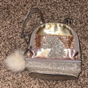 Justice Kids Gold and Silver Unicorn Mini Backpack w Pom Pom